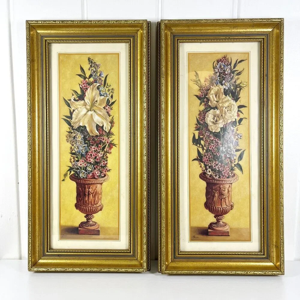 Vintage Bass Floral Urn Wall Art Set of 2 Gold Framed Cottage French Country